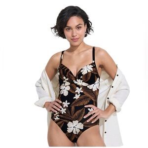 Lands End brown and black floral Sculpting Suit Draped One Piece Swimsuit
